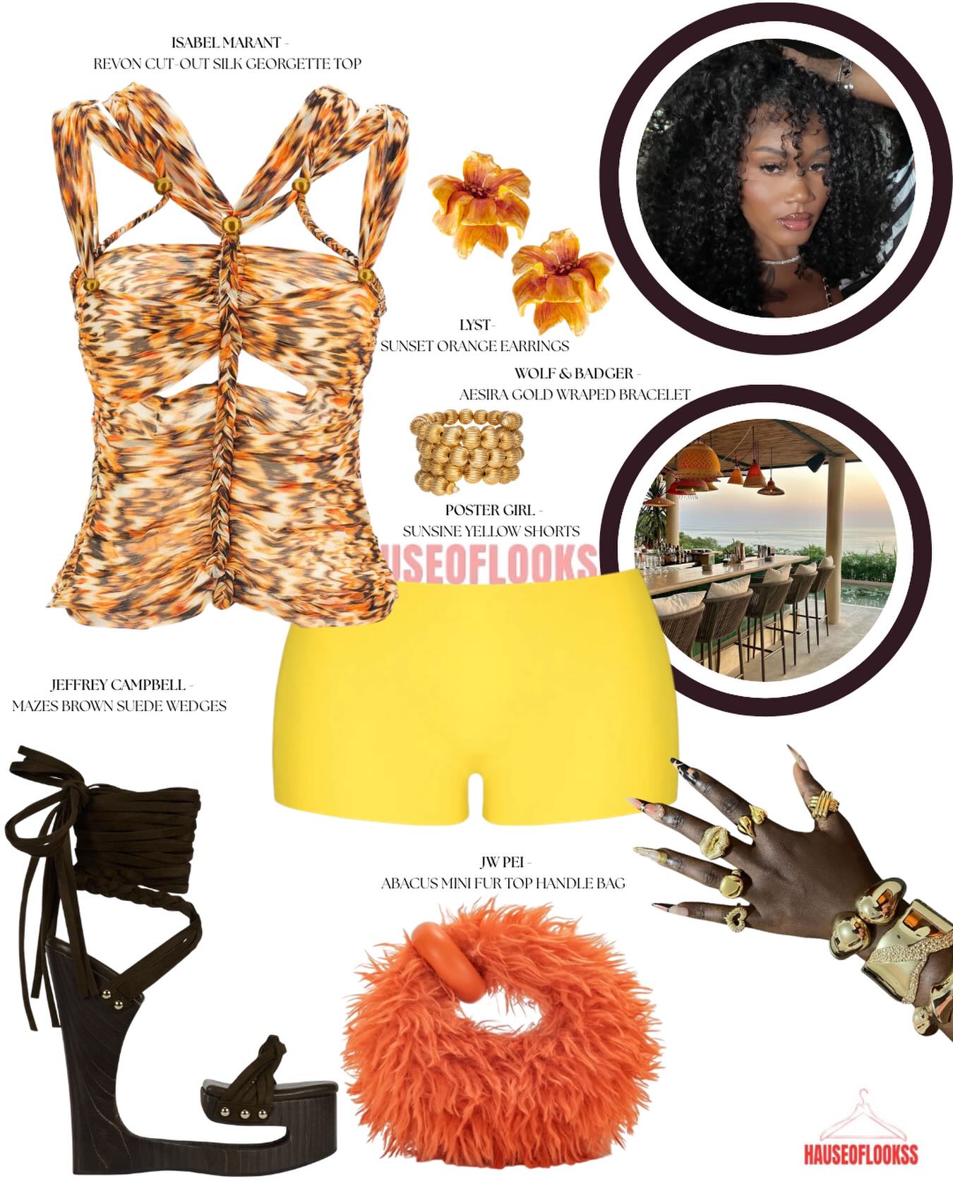 Sunset Orange, Yellow Shorts, and a Furry Bag: Resort Glam with a Playful Edge